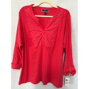 Karen Scott Woman Red 3/4 Sleeve Cotton Blouse 2X